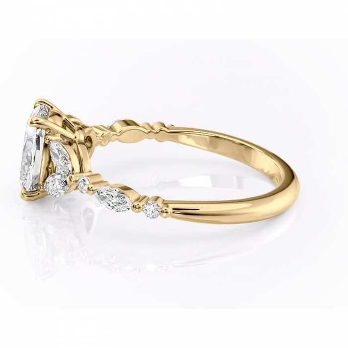 Inel de logodnă Bloom din aur Galben 14kt cu moissanite tăietură pernă – Montură cu trei pietre rafinată pentru profil mediu | Personalizează și configurează gratuit online [6]