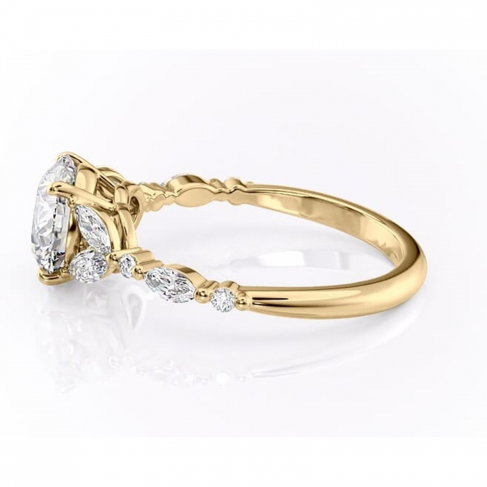 Inel de logodnă Bloom din aur Galben 14kt cu moissanite tăietură rotundă – Montură cu trei pietre rafinată pentru profil mediu | Personalizează și configurează gratuit online [6]