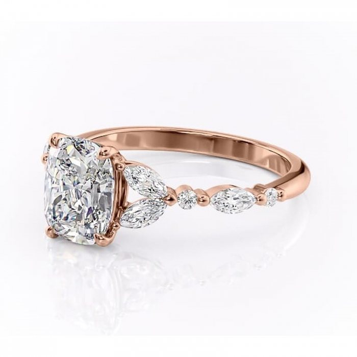 Inel de logodnă Bloom din aur Rose 14kt cu moissanite tăietură pernă – Montură cu trei pietre rafinată pentru profil mediu | Personalizează și configurează gratuit online [7]