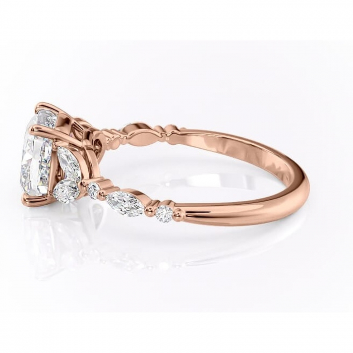 Inel de logodnă Bloom din aur Rose 14kt cu moissanite tăietură pernă – Montură cu trei pietre rafinată pentru profil mediu | Personalizează și configurează gratuit online [6]