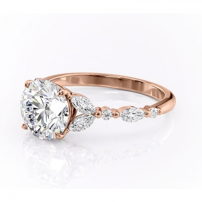 Inel de logodnă Bloom din aur Rose 14kt cu moissanite tăietură rotundă – Montură cu trei pietre rafinată pentru profil mediu | Personalizează și configurează gratuit online [7]