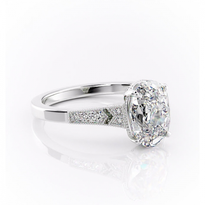 Inel de logodnă Caelia din aur Alb 14kt cu moissanite tăietură ovală – Pietre laterale rafinată pentru profil înalt | Personalizează și configurează gratuit online [1]