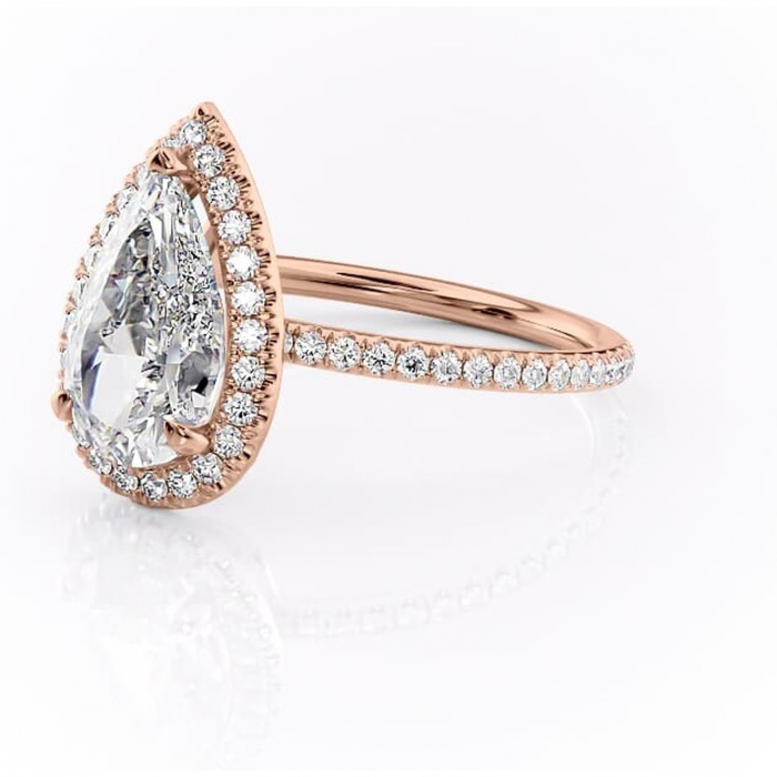 Inel de logodnă Celeste din aur Rose 14kt cu moissanite tăietură pară – Halo rafinată pentru profil mediu | Personalizează și configurează gratuit online [7]