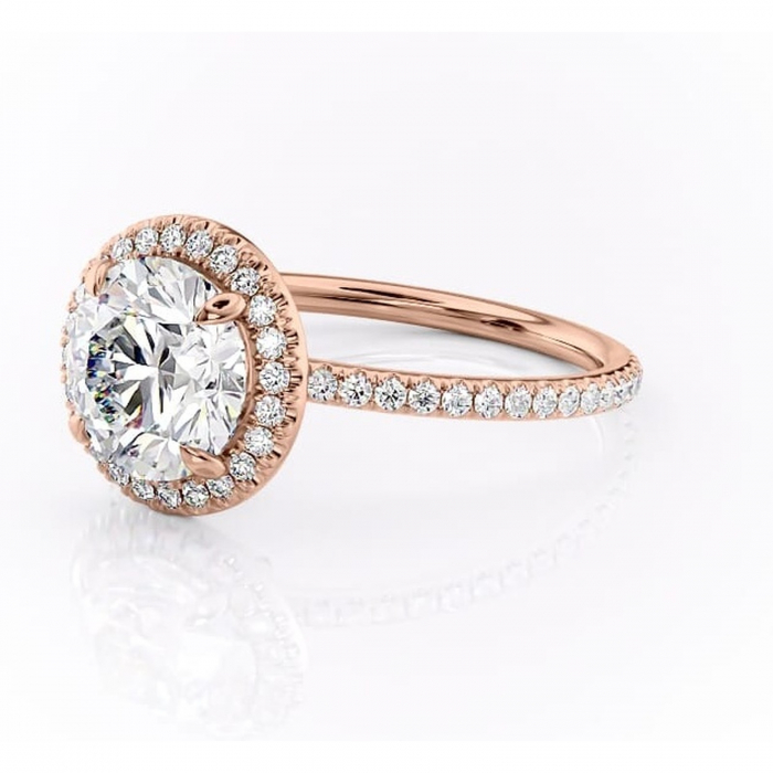 Inel de logodnă Celeste din aur Rose 14kt cu moissanite tăietură rotundă – Halo rafinată pentru profil mediu | Personalizează și configurează gratuit online [7]