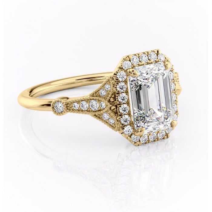 Inel de logodnă Citrina din aur Galben 14kt cu moissanite tăietură smarald – Halo rafinată pentru profil mediu | Personalizează și configurează gratuit online [1]