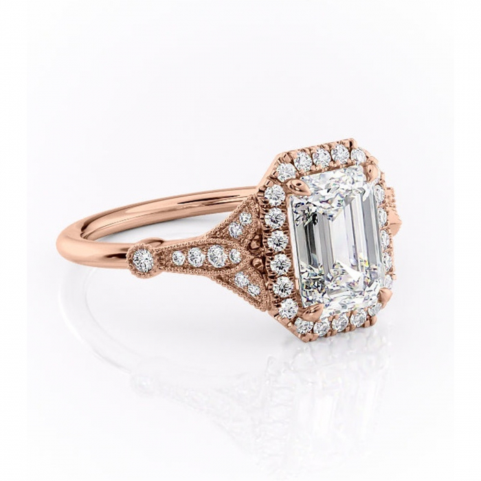 Inel de logodnă Citrina din aur Rose 18kt cu moissanite tăietură smarald – Halo rafinată pentru profil mediu | Personalizează și configurează gratuit online [1]