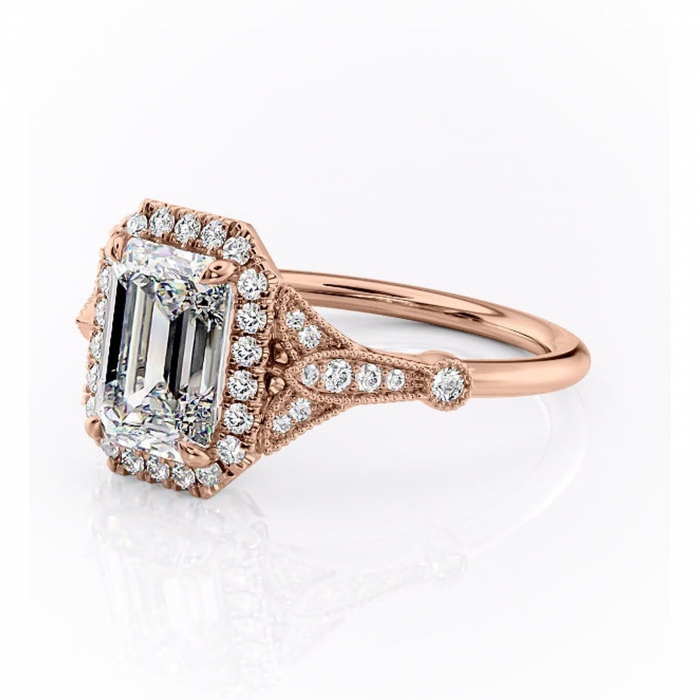 Inel de logodnă Citrina din aur Rose 18kt cu moissanite tăietură smarald – Halo rafinată pentru profil mediu | Personalizează și configurează gratuit online [7]