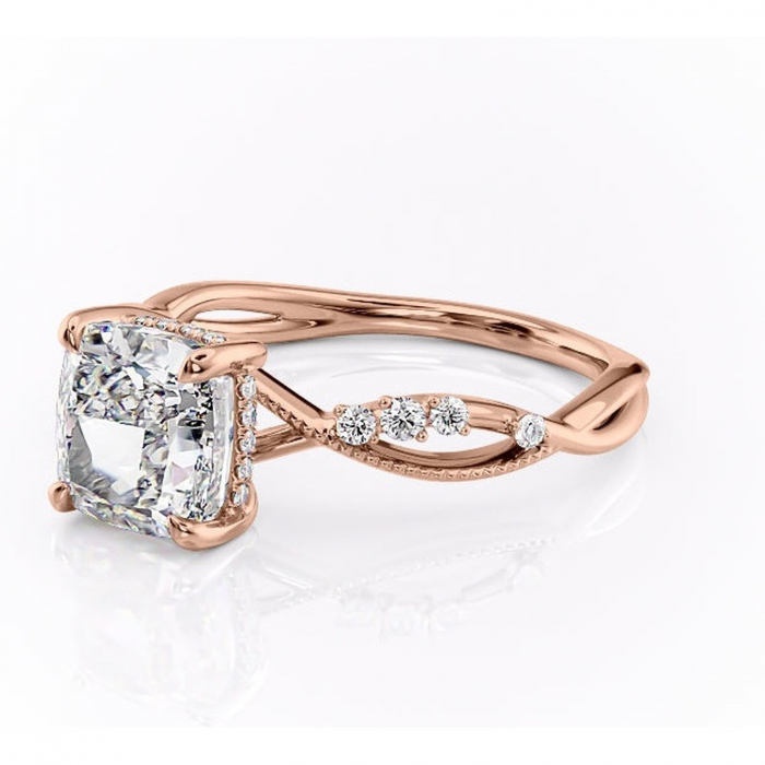 Inel de logodnă Crystal din aur Rose 14kt cu moissanite tăietură pernă – Pietre laterale rafinată pentru profil mediu | Personalizează și configurează gratuit online [7]