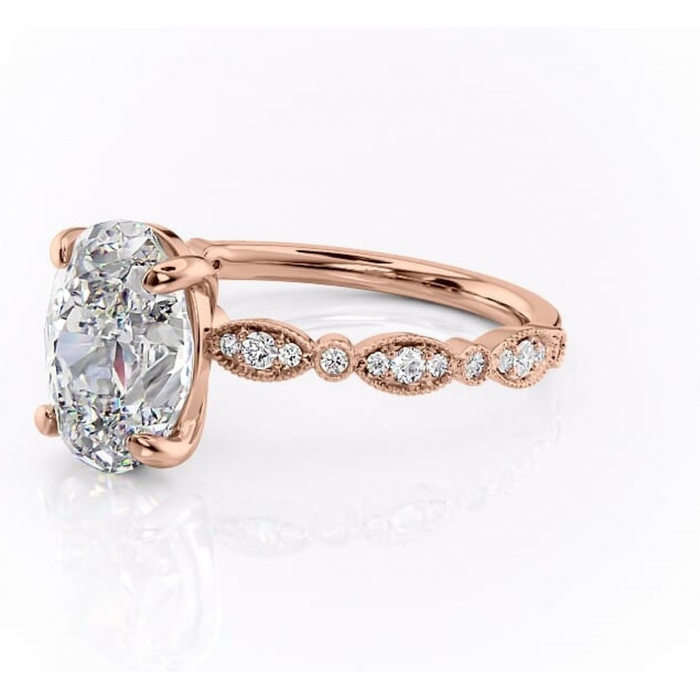 Inel de logodnă Elowen din aur Rose 14kt cu moissanite tăietură ovală – Pietre laterale rafinată pentru profil înalt | Personalizează și configurează gratuit online [7]