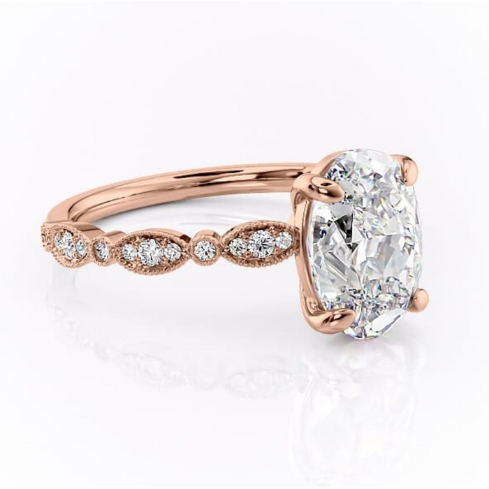 Inel de logodnă Elowen din aur Rose 14kt cu moissanite tăietură ovală – Pietre laterale rafinată pentru profil înalt | Personalizează și configurează gratuit online [1]