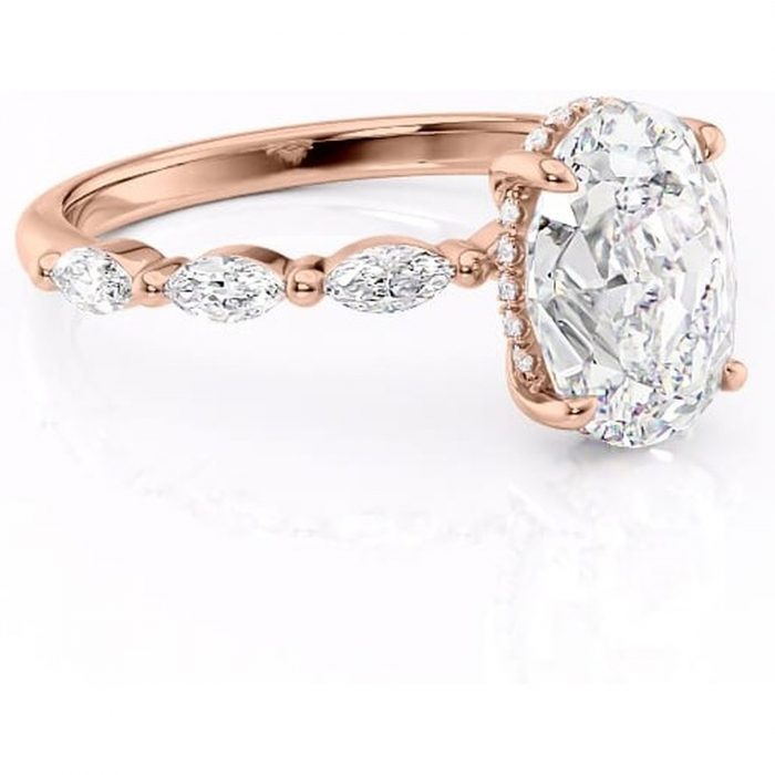 Inel de logodnă Everly din aur Rose 14kt cu moissanite tăietură ovală – Pietre laterale rafinată pentru profil înalt | Personalizează și configurează gratuit online [1]