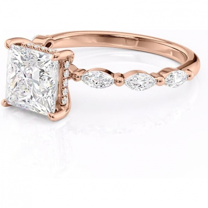 Inel de logodnă Everly din aur Rose 14kt cu moissanite tăietură princess – Pietre laterale rafinată pentru profil înalt | Personalizează și configurează gratuit online [7]