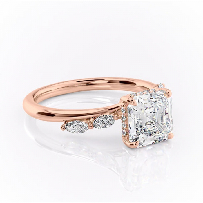 Inel de logodnă Faelynn din aur Rose 18kt cu moissanite tăietură asscher – Pietre laterale rafinată pentru profil înalt | Personalizează și configurează gratuit online [1]