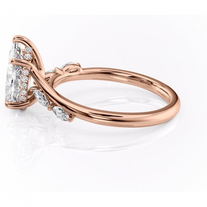 Inel de logodnă Faelynn din aur Rose 18kt cu moissanite tăietură pară – Pietre laterale rafinată pentru profil înalt | Personalizează și configurează gratuit online [6]
