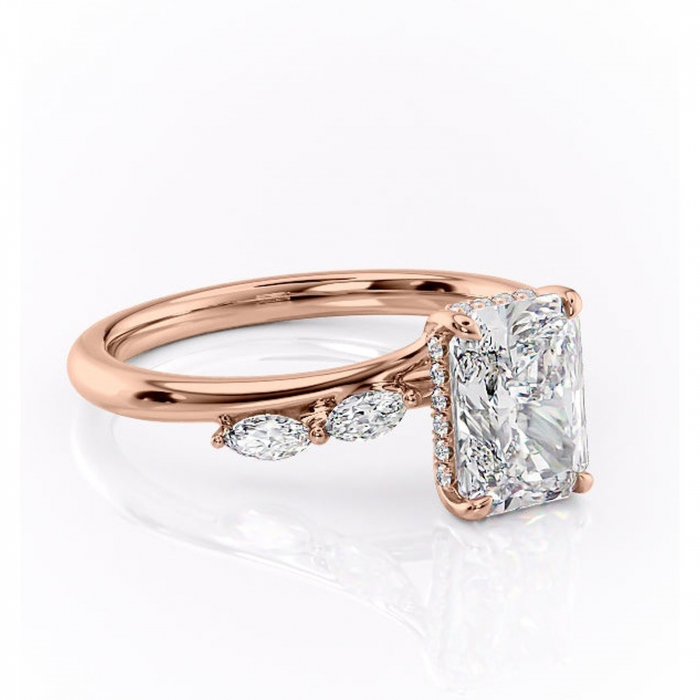 Inel de logodnă Faelynn din aur Rose 14kt cu moissanite tăietură radiantă – Pietre laterale rafinată pentru profil înalt | Personalizează și configurează gratuit online [1]