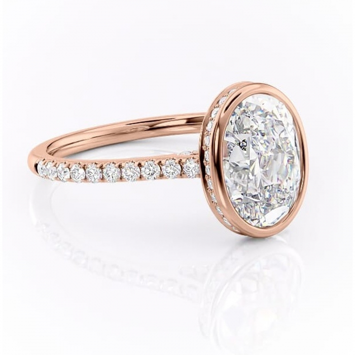 Inel de logodnă Fernelle din aur Rose 14kt cu moissanite tăietură ovală – Montură închisă rafinată pentru profil înalt | Personalizează și configurează gratuit online [1]