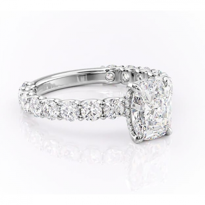 Inel de logodnă Floralie din aur Alb 14kt cu moissanite tăietură pernă – Pietre laterale excepțional | Personalizează și configurează gratuit online [1]