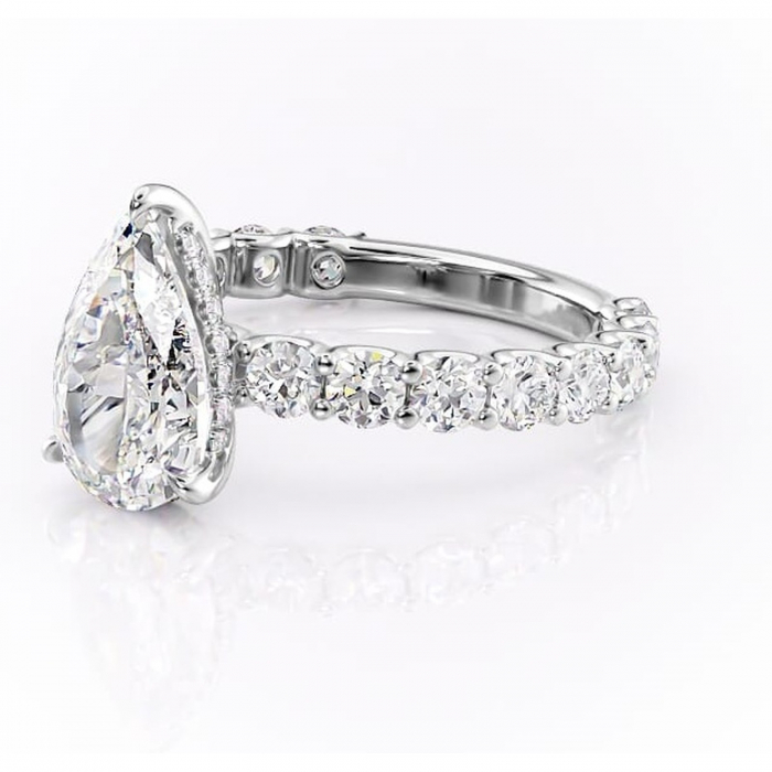 Inel de logodnă Floralie din aur Alb 18kt cu moissanite tăietură pară – Pietre laterale excepțional | Personalizează și configurează gratuit online [7]