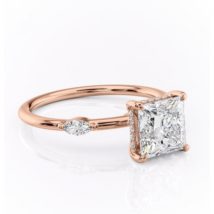 Inel de logodnă Gemina din aur Rose 14kt cu moissanite tăietură princess – Pietre laterale rafinată pentru profil înalt | Personalizează și configurează gratuit online [1]