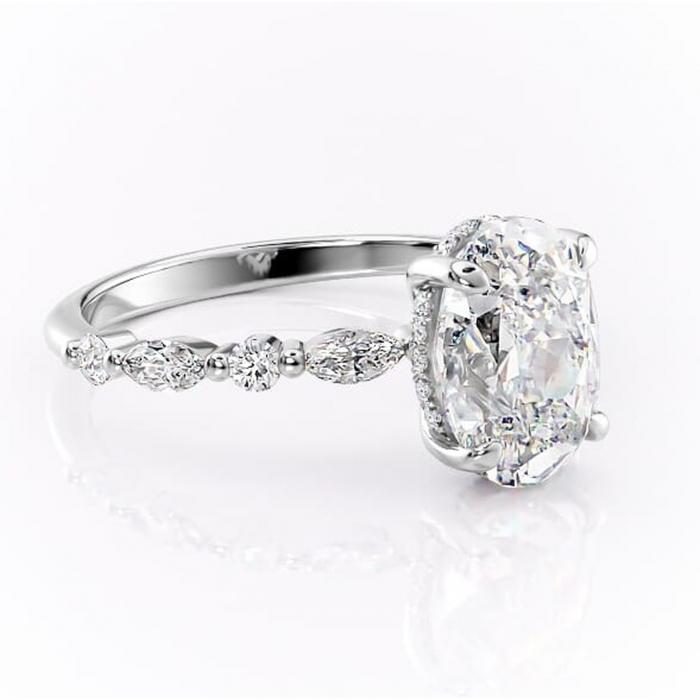 Inel de logodnă Gwendolyn din aur Alb 14kt cu moissanite tăietură ovală – Pietre laterale rafinată pentru profil înalt | Personalizează și configurează gratuit online [1]