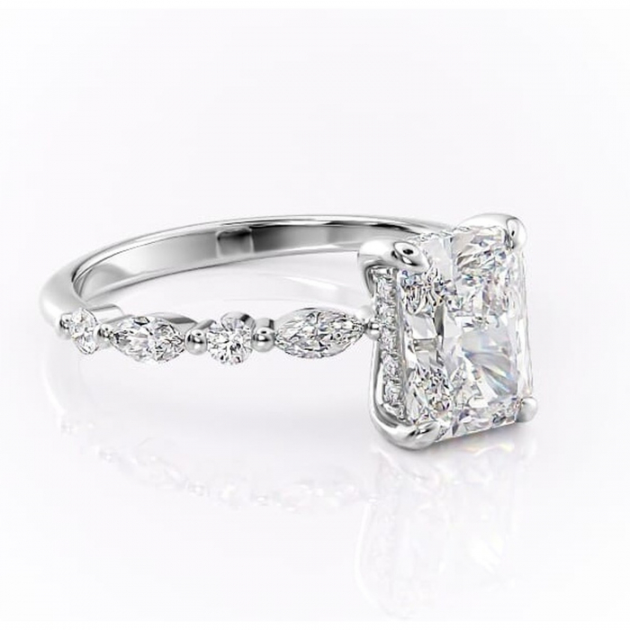 Inel de logodnă Gwendolyn din aur Alb 14kt cu moissanite tăietură radiantă – Pietre laterale rafinată pentru profil înalt | Personalizează și configurează gratuit online [1]