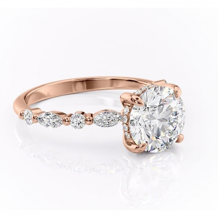 Inel de logodnă Gwendolyn din aur Rose 14kt cu moissanite tăietură rotundă – Pietre laterale rafinată pentru profil înalt | Personalizează și configurează gratuit online [1]