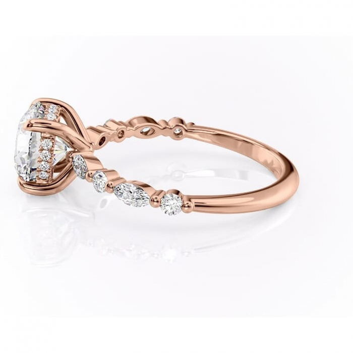 Inel de logodnă Gwendolyn din aur Rose 14kt cu moissanite tăietură rotundă – Pietre laterale rafinată pentru profil înalt | Personalizează și configurează gratuit online [6]