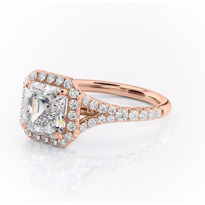 Inel de logodnă Henrietta din aur Rose 14kt cu moissanite tăietură asscher – Halo rafinată pentru profil mediu | Personalizează și configurează gratuit online [7]