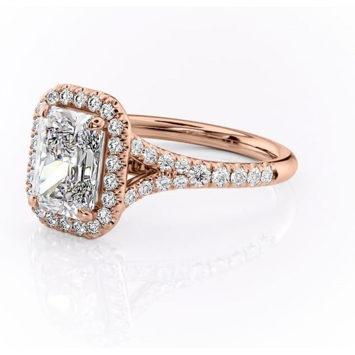 Inel de logodnă Henrietta din aur Rose 14kt cu moissanite tăietură radiantă – Halo rafinată pentru profil mediu | Personalizează și configurează gratuit online [7]