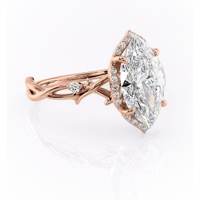 Inel de logodnă Isolde din aur Rose 14kt cu moissanite tăietură marquise – Halo rafinată pentru profil mediu | Personalizează și configurează gratuit online [1]