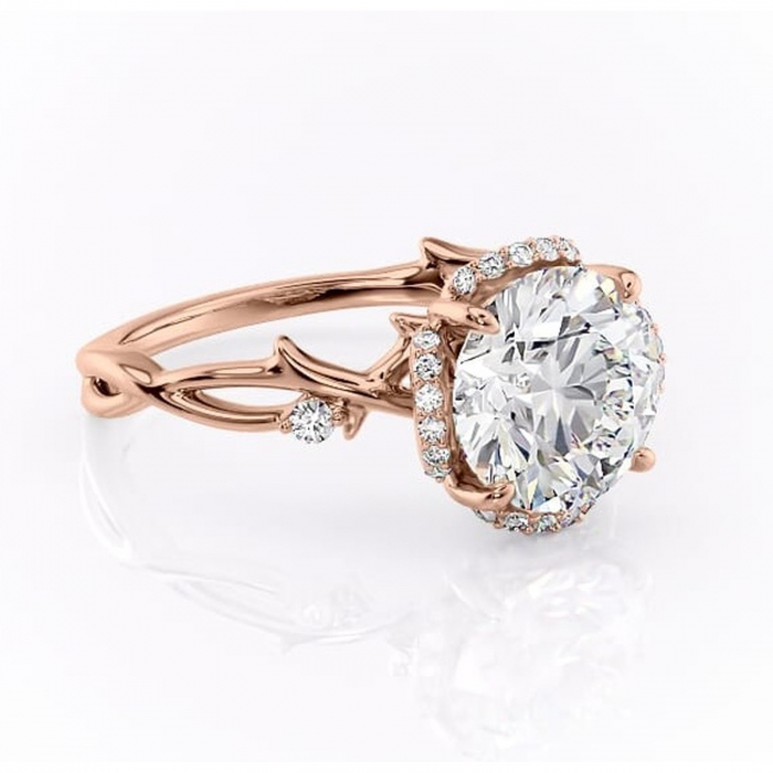 Inel de logodnă Isolde din aur Rose 14kt cu moissanite tăietură rotundă – Halo rafinată pentru profil mediu | Personalizează și configurează gratuit online [1]