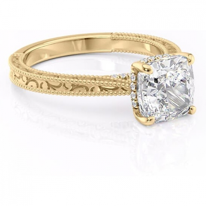Inel de logodnă Jovie din aur Galben 18kt cu moissanite tăietură pernă – Halo ascuns rafinată pentru profil înalt | Personalizează și configurează gratuit online [1]