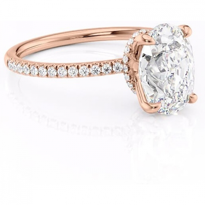 Inel de logodnă Lavinia din aur Rose 14kt cu moissanite tăietură ovală – Montură pavé rafinată pentru profil înalt | Personalizează și configurează gratuit online [1]
