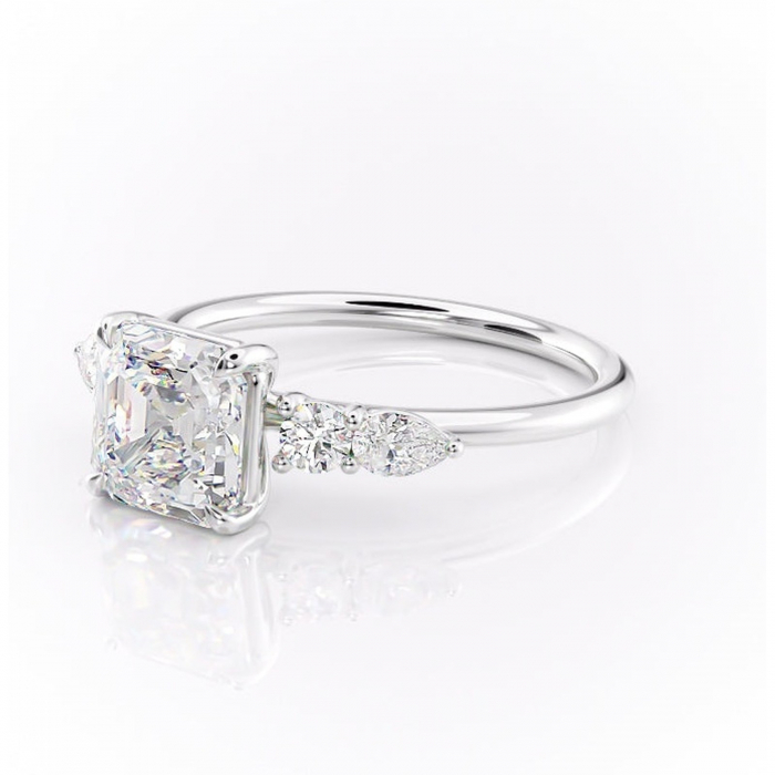 Inel de logodnă Lucinda din aur Alb 14kt cu moissanite tăietură asscher – Montură cu trei pietre rafinată pentru profil înalt | Personalizează și configurează gratuit online [7]