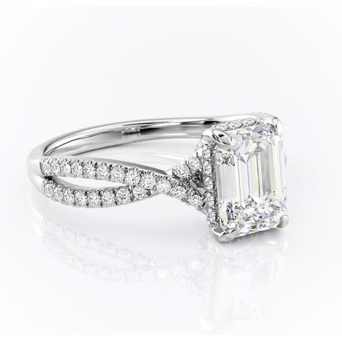 Inel de logodnă Meadow din aur Alb 14kt cu moissanite tăietură smarald – Montură pavé rafinată pentru profil mediu | Personalizează și configurează gratuit online [1]