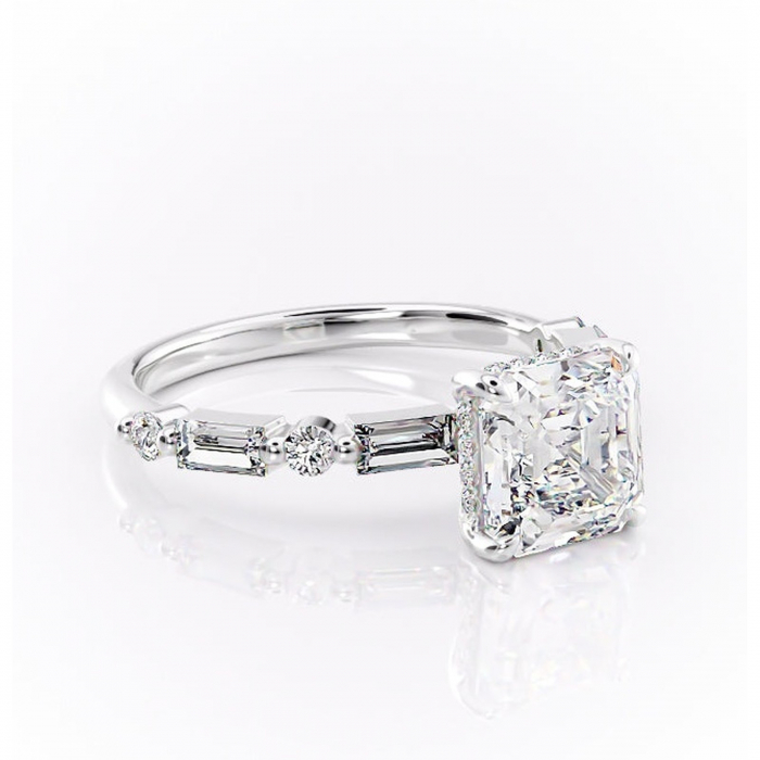 Inel de logodnă Moonstone din aur Alb 14kt cu moissanite tăietură asscher – Pietre laterale rafinată pentru profil înalt | Personalizează și configurează gratuit online [1]