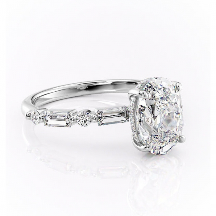 Inel de logodnă Moonstone din aur Alb 14kt cu moissanite tăietură ovală – Pietre laterale rafinată pentru profil înalt | Personalizează și configurează gratuit online [1]