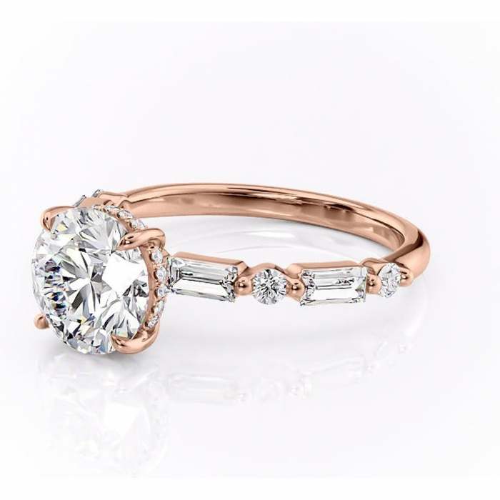 Inel de logodnă Moonstone din aur Rose 14kt cu moissanite tăietură rotundă – Pietre laterale rafinată pentru profil înalt | Personalizează și configurează gratuit online [7]