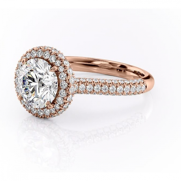 Inel de logodnă Nerina din aur Rose 14kt cu moissanite tăietură rotundă – Halo rafinată pentru profil înalt | Personalizează și configurează gratuit online [7]