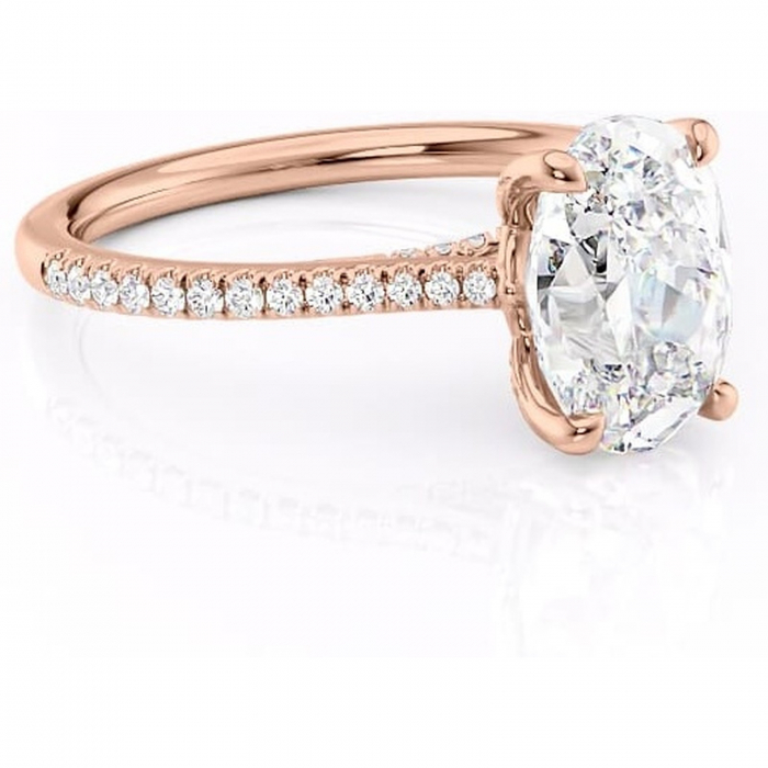Inel de logodnă Noa din aur Rose 14kt cu moissanite tăietură ovală – Montură pavé rafinată pentru profil înalt | Personalizează și configurează gratuit online [1]
