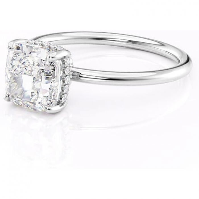 Inel de logodnă Nyla din aur Alb 14kt cu moissanite tăietură pernă – Montură Kamellie joasă rafinată pentru profil jos | Personalizează și configurează gratuit online [7]