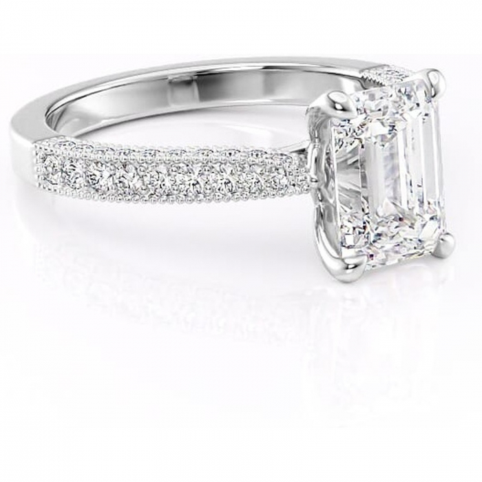 Inel de logodnă Romy din aur Alb 14kt cu moissanite tăietură smarald – Montură pavé rafinată pentru profil înalt | Personalizează și configurează gratuit online [1]