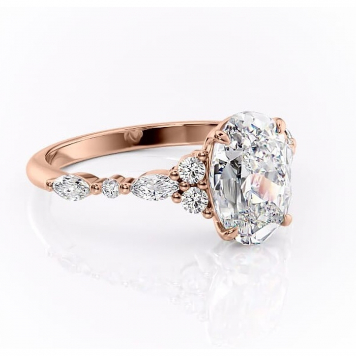 Inel de logodnă Rosamund din aur Rose 14kt cu moissanite tăietură ovală – Pietre laterale rafinată pentru profil mediu | Personalizează și configurează gratuit online [1]