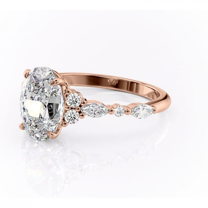 Inel de logodnă Rosamund din aur Rose 14kt cu moissanite tăietură ovală – Pietre laterale rafinată pentru profil mediu | Personalizează și configurează gratuit online [7]