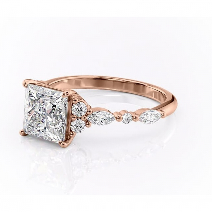 Inel de logodnă Rosamund din aur Rose 14kt cu moissanite tăietură princess – Pietre laterale rafinată pentru profil mediu | Personalizează și configurează gratuit online [7]