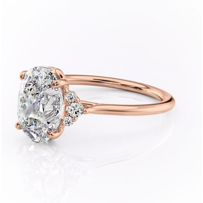 Inel de logodnă Rowena din aur Rose 14kt cu moissanite tăietură ovală – Montură cu trei pietre rafinată pentru profil înalt | Personalizează și configurează gratuit online [7]