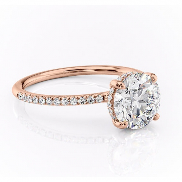 Inel de logodnă Sapphire din aur Rose 14kt cu moissanite tăietură rotundă – Montură pavé rafinată pentru profil înalt | Personalizează și configurează gratuit online [1]