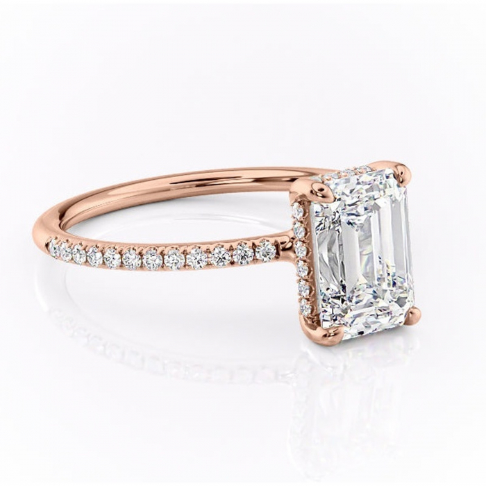 Inel de logodnă Sapphire din aur Rose 14kt cu moissanite tăietură smarald – Montură pavé rafinată pentru profil înalt | Personalizează și configurează gratuit online [1]