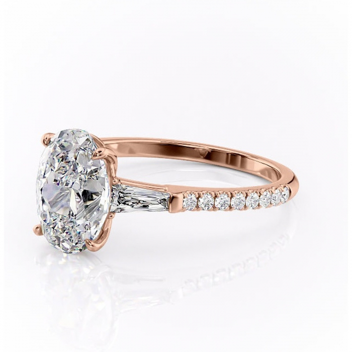 Inel de logodnă Theodora din aur Rose 14kt cu moissanite tăietură ovală – Montură cu trei pietre rafinată pentru profil înalt | Personalizează și configurează gratuit online [7]