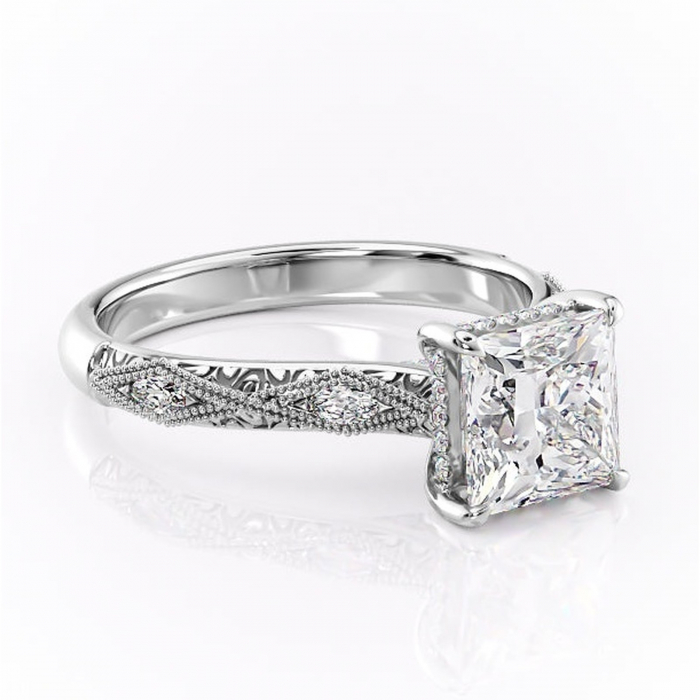 Inel de logodnă Vespera din aur Alb 14kt cu moissanite tăietură princess – Pietre laterale rafinată pentru profil înalt | Personalizează și configurează gratuit online [1]